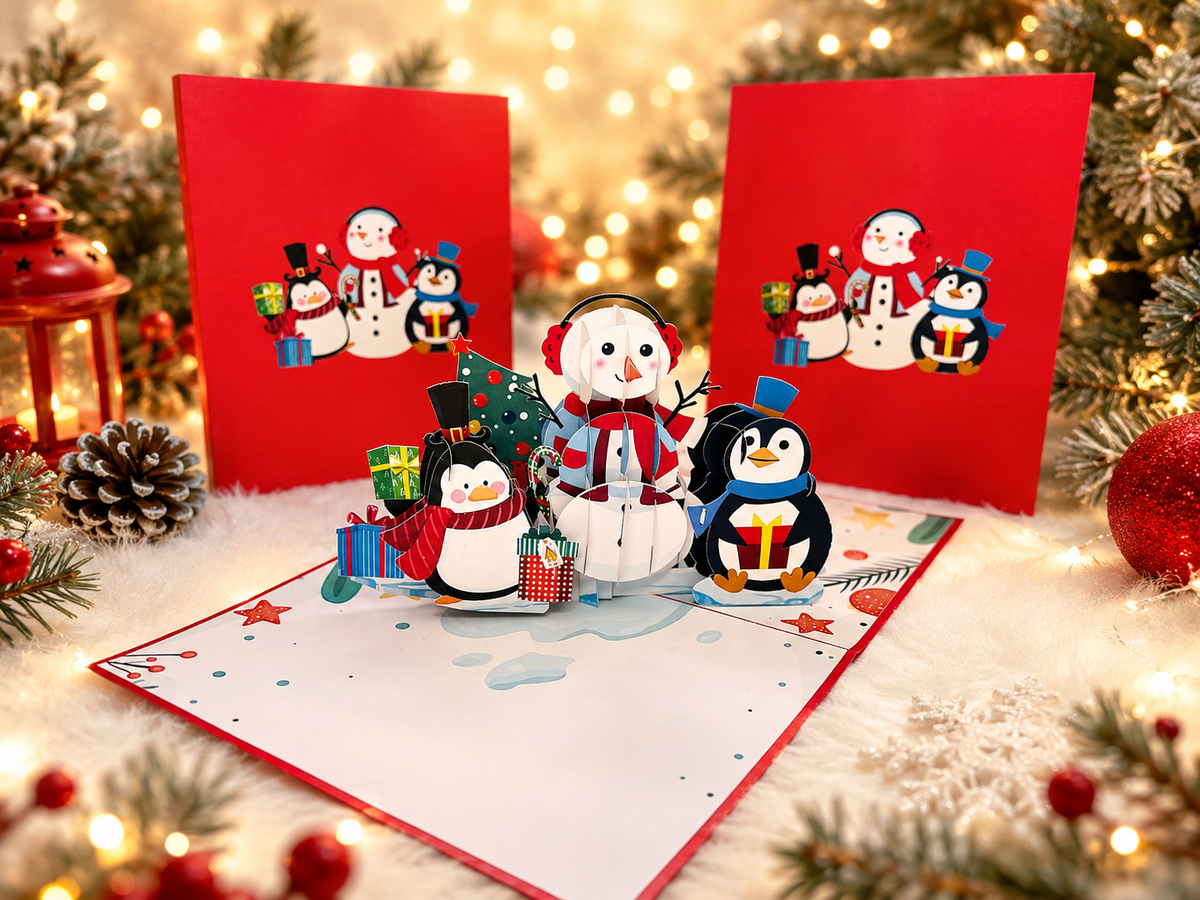 Cute Snowman & Penguins Origami Pop Cards 3D Pop Up Greeting Card Merry Christmas Thank You Handmade Best Wishes Blank Card Gift Happy Holidays Celebrate the Special Day Moment with Family and Friends
