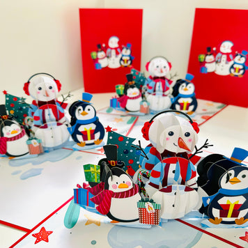 Cute Snowman & Penguins Origami Pop Cards 3D Pop Up Greeting Card Merry Christmas Thank You Handmade Best Wishes Blank Card Gift Happy Holidays Celebrate the Special Day Moment with Family and Friends