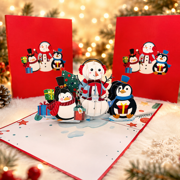Cute Snowman & Penguins Origami Pop Cards 3D Pop Up Greeting Card Merry Christmas Thank You Handmade Best Wishes Blank Card Gift Happy Holidays Celebrate the Special Day Moment with Family and Friends