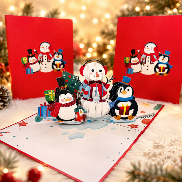 Cute Snowman & Penguins Origami Pop Cards 3D Pop Up Greeting Card Merry Christmas Thank You Handmade Best Wishes Blank Card Gift Happy Holidays Celebrate the Special Day Moment with Family and Friends