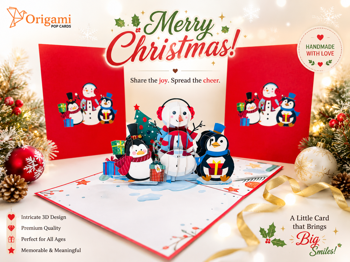 Cute Snowman & Penguins Origami Pop Cards 3D Pop Up Greeting Card Merry Christmas Thank You Handmade Best Wishes Blank Card Gift Happy Holidays Celebrate the Special Day Moment with Family and Friends