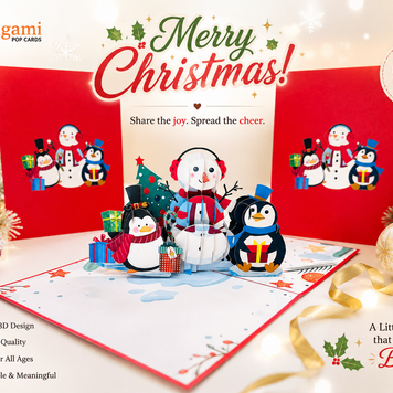 Cute Snowman & Penguins Origami Pop Cards 3D Pop Up Greeting Card Merry Christmas Thank You Handmade Best Wishes Blank Card Gift Happy Holidays Celebrate the Special Day Moment with Family and Friends
