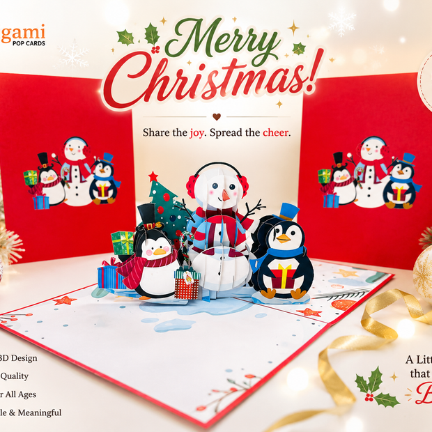 Cute Snowman & Penguins Origami Pop Cards 3D Pop Up Greeting Card Merry Christmas Thank You Handmade Best Wishes Blank Card Gift Happy Holidays Celebrate the Special Day Moment with Family and Friends