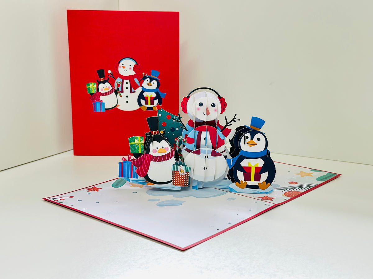 Cute Snowman & Penguins Origami Pop Cards 3D Pop Up Greeting Card Merry Christmas Thank You Handmade Best Wishes Blank Card Gift Happy Holidays Celebrate the Special Day Moment with Family and Friends