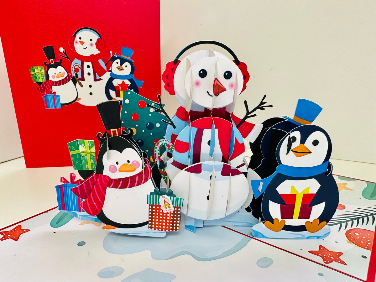 Cute Snowman & Penguins Origami Pop Cards 3D Pop Up Greeting Card Merry Christmas Thank You Handmade Best Wishes Blank Card Gift Happy Holidays Celebrate the Special Day Moment with Family and Friends