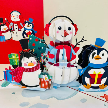 Cute Snowman & Penguins Origami Pop Cards 3D Pop Up Greeting Card Merry Christmas Thank You Handmade Best Wishes Blank Card Gift Happy Holidays Celebrate the Special Day Moment with Family and Friends