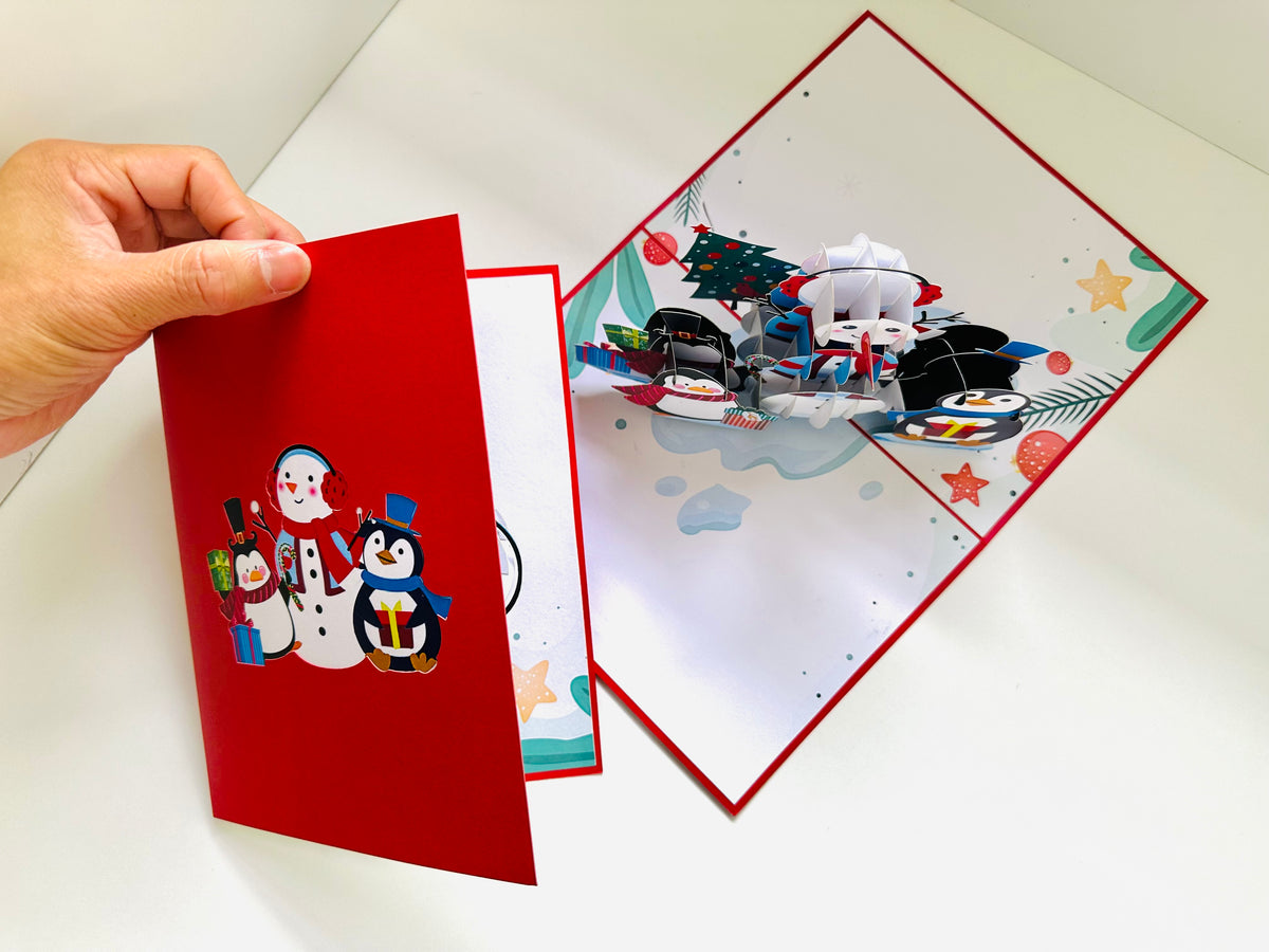 Cute Snowman & Penguins Origami Pop Cards 3D Pop Up Greeting Card Merry Christmas Thank You Handmade Best Wishes Blank Card Gift Happy Holidays Celebrate the Special Day Moment with Family and Friends