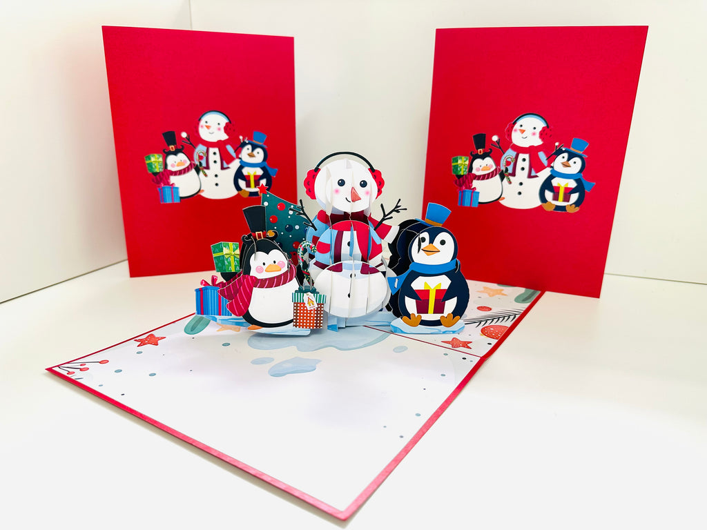 Cute Snowman & Penguins Origami Pop Cards 3D Pop Up Greeting Card Merry Christmas Thank You Handmade Best Wishes Blank Card Gift Happy Holidays Celebrate the Special Day Moment with Family and Friends