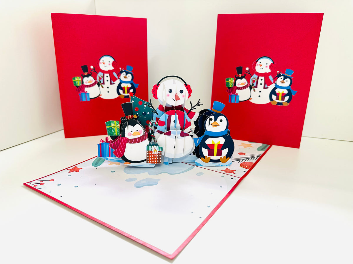 Cute Snowman & Penguins Origami Pop Cards 3D Pop Up Greeting Card Merry Christmas Thank You Handmade Best Wishes Blank Card Gift Happy Holidays Celebrate the Special Day Moment with Family and Friends