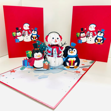 Cute Snowman & Penguins Origami Pop Cards 3D Pop Up Greeting Card Merry Christmas Thank You Handmade Best Wishes Blank Card Gift Happy Holidays Celebrate the Special Day Moment with Family and Friends