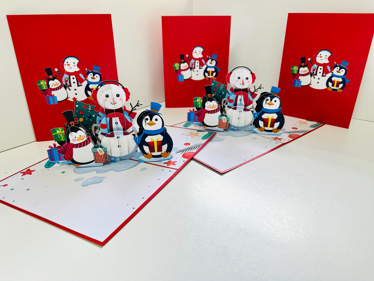 Cute Snowman & Penguins Origami Pop Cards 3D Pop Up Greeting Card Merry Christmas Thank You Handmade Best Wishes Blank Card Gift Happy Holidays Celebrate the Special Day Moment with Family and Friends