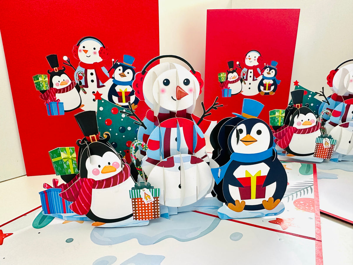 Cute Snowman & Penguins Origami Pop Cards 3D Pop Up Greeting Card Merry Christmas Thank You Handmade Best Wishes Blank Card Gift Happy Holidays Celebrate the Special Day Moment with Family and Friends