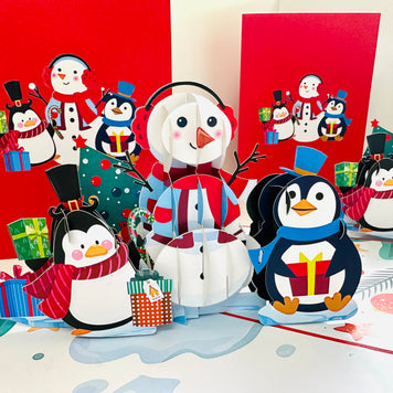 Cute Snowman & Penguins Origami Pop Cards 3D Pop Up Greeting Card Merry Christmas Thank You Handmade Best Wishes Blank Card Gift Happy Holidays Celebrate the Special Day Moment with Family and Friends