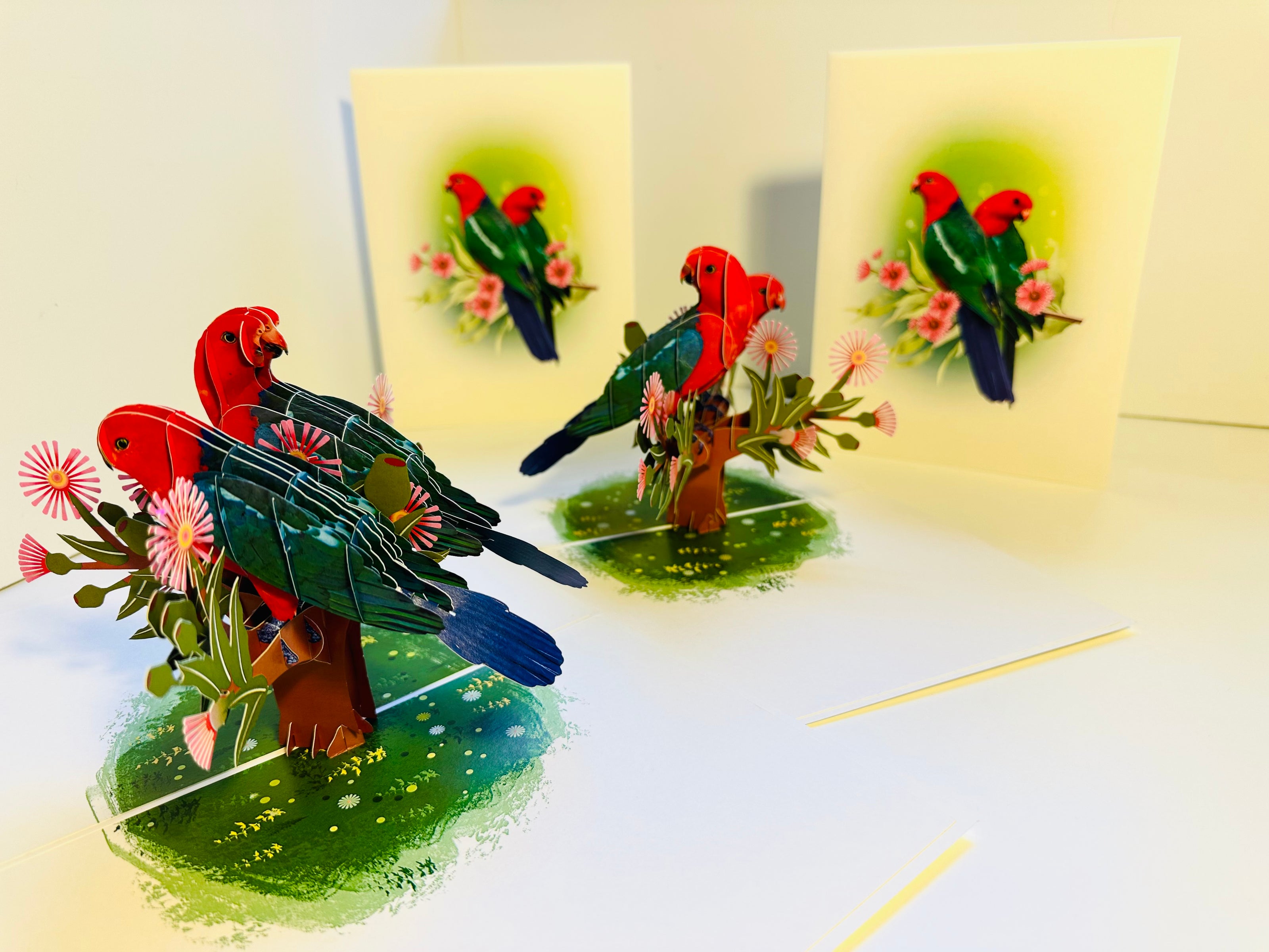 DOUBLE Australian King Parrots - Aussie Bird Origami Pop Cards 3D Pop Up Greeting Card Celebrate Happy Birthday Thank You Handmade Best Wishes Gift Thinking of You Blank Card for Any Occasion Happy Mother's Day Happy Father's Day Australiana Birds