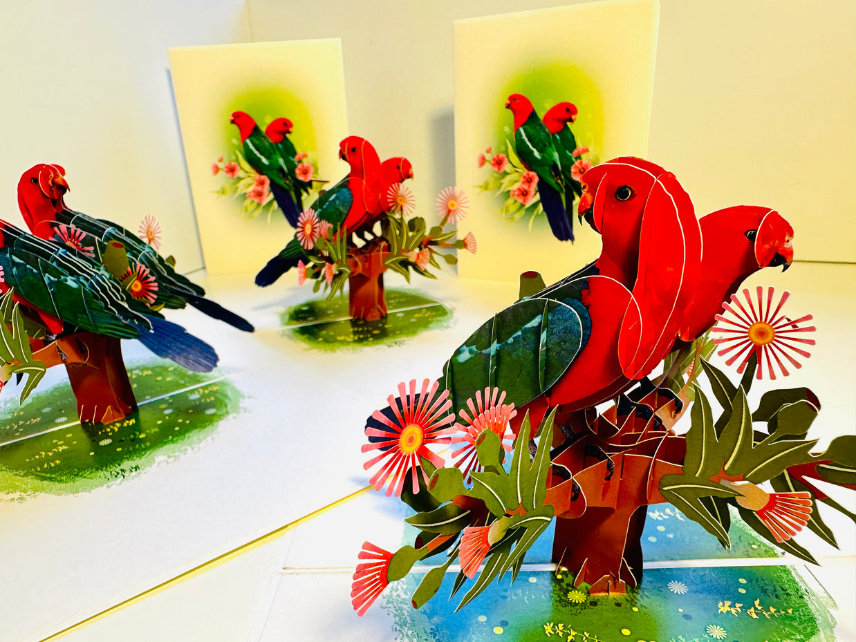 DOUBLE Australian King Parrots - Aussie Bird Origami Pop Cards 3D Pop Up Greeting Card Celebrate Happy Birthday Thank You Handmade Best Wishes Gift Thinking of You Blank Card for Any Occasion Happy Mother's Day Happy Father's Day Australiana Birds