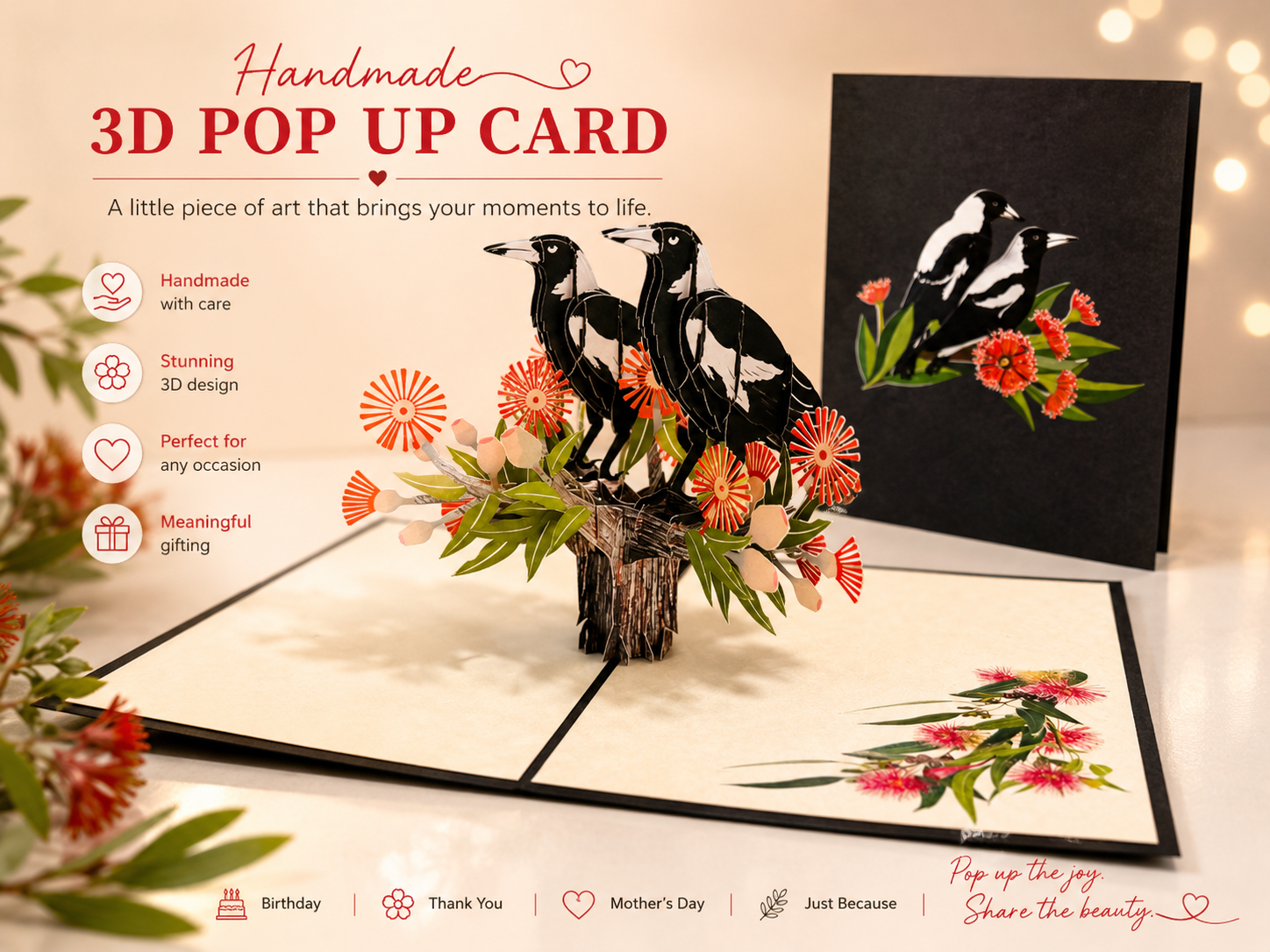 DOUBLE Australian Magpie - Iconic Birds in Aussie Backyards Origami Pop Cards 3D Pop Up Greeting Card Happy Birthday Thank You Handmade Gift Thinking of You Blank Card for Any Occasion Happy Mother's Day Happy Father's Australiana Birds