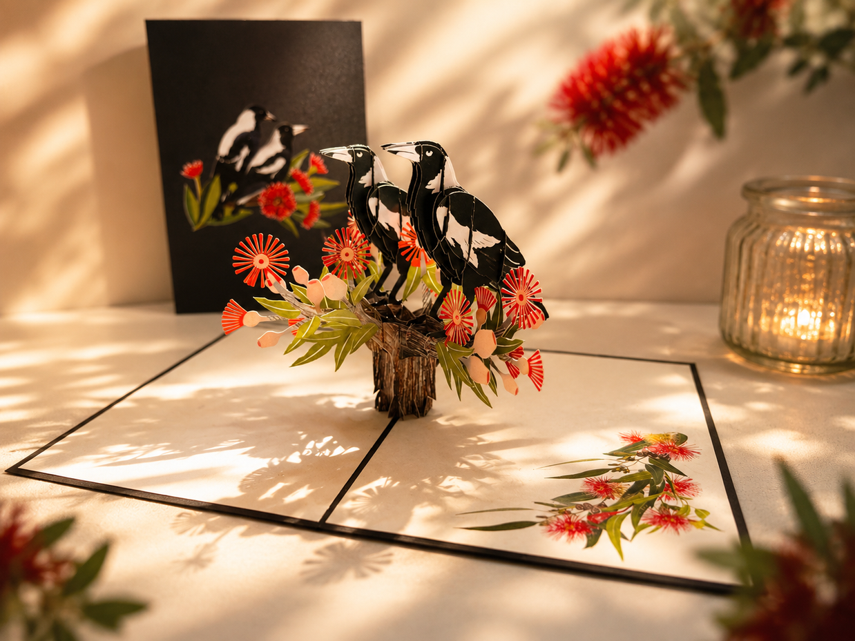DOUBLE Australian Magpie - Iconic Birds in Aussie Backyards Origami Pop Cards 3D Pop Up Greeting Card Happy Birthday Thank You Handmade Gift Thinking of You Blank Card for Any Occasion Happy Mother's Day Happy Father's Australiana Birds