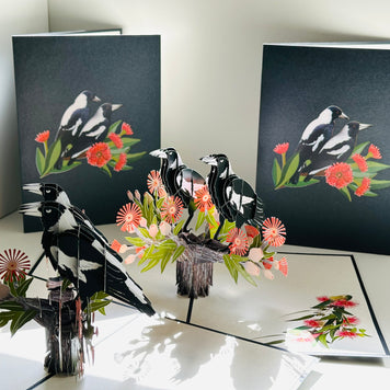 DOUBLE Australian Magpie - Iconic Birds in Aussie Backyards Origami Pop Cards 3D Pop Up Greeting Card Happy Birthday Thank You Handmade Gift Thinking of You Blank Card for Any Occasion Happy Mother's Day Happy Father's Australiana Birds