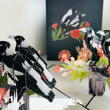 DOUBLE Australian Magpie - Iconic Birds in Aussie Backyards Origami Pop Cards 3D Pop Up Greeting Card Happy Birthday Thank You Handmade Gift Thinking of You Blank Card for Any Occasion Happy Mother's Day Happy Father's Australiana Birds
