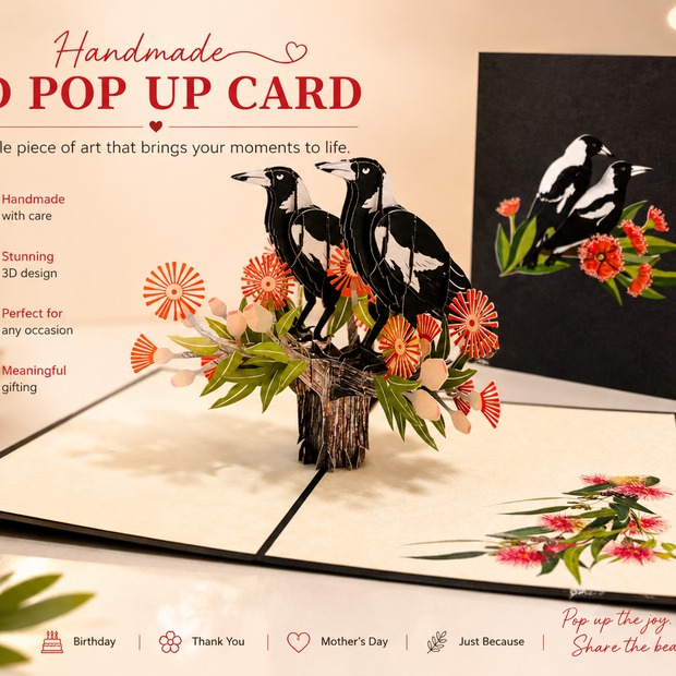 DOUBLE Australian Magpie - Iconic Birds in Aussie Backyards Origami Pop Cards 3D Pop Up Greeting Card Happy Birthday Thank You Handmade Gift Thinking of You Blank Card for Any Occasion Happy Mother's Day Happy Father's Australiana Birds
