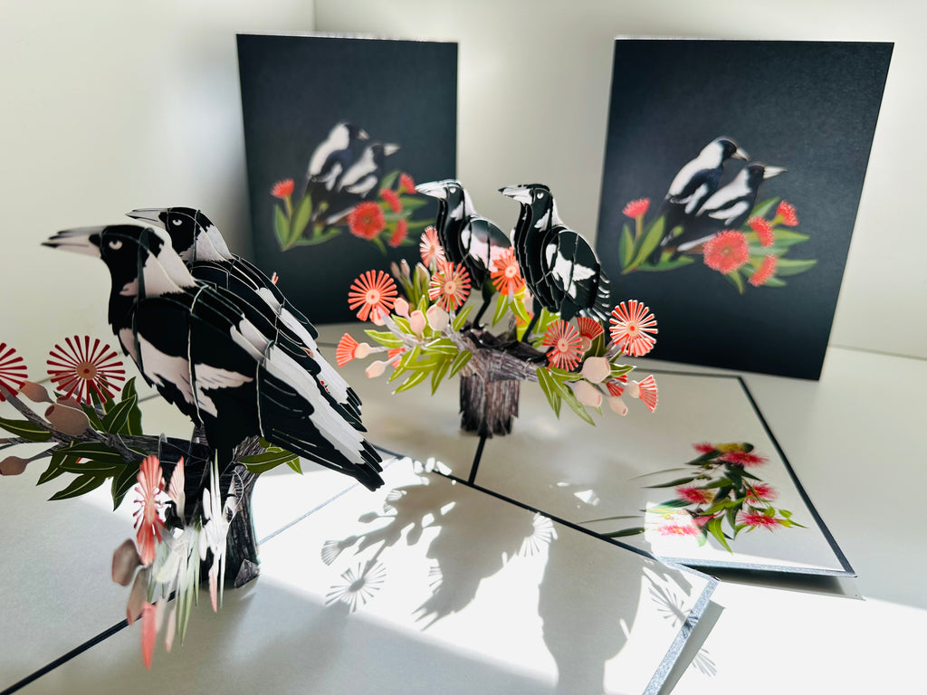DOUBLE Australian Magpie - Iconic Birds in Aussie Backyards Origami Pop Cards 3D Pop Up Greeting Card Happy Birthday Thank You Handmade Gift Thinking of You Blank Card for Any Occasion Happy Mother's Day Happy Father's Australiana Birds