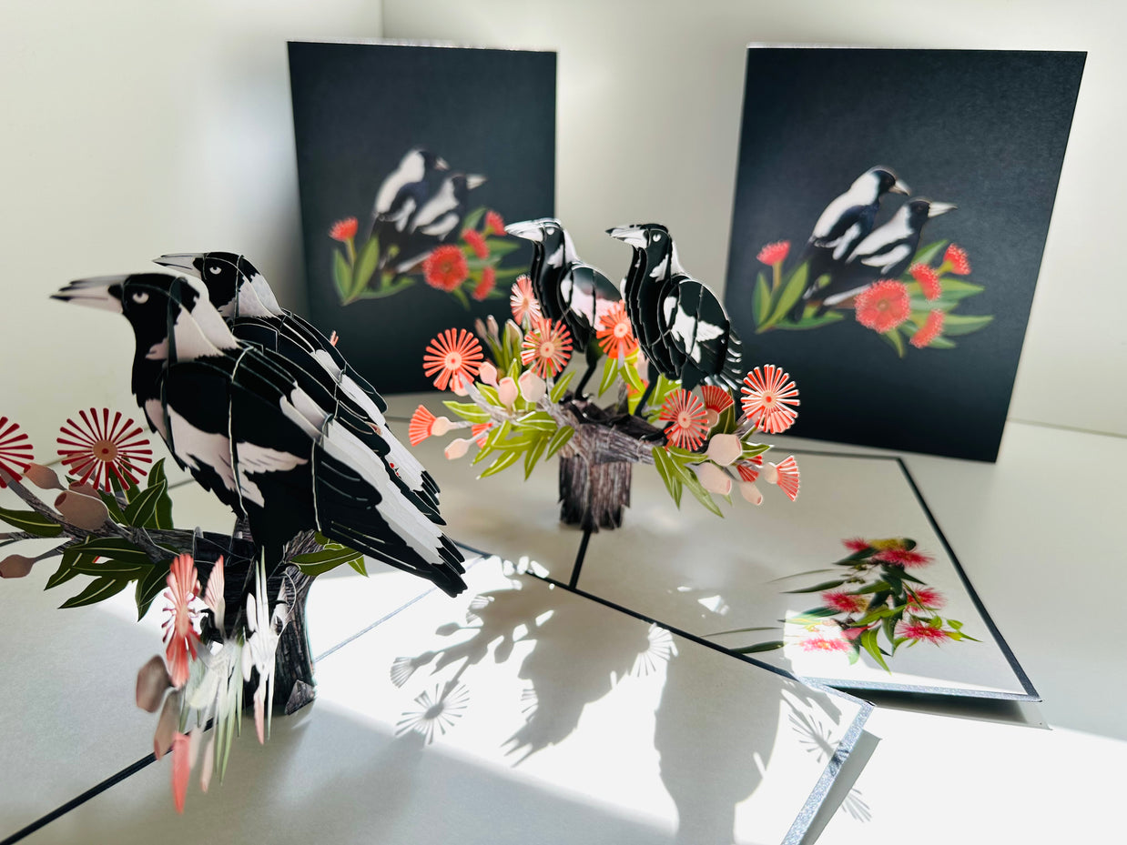 DOUBLE Australian Magpie - Iconic Birds in Aussie Backyards Origami Pop Cards 3D Pop Up Greeting Card Happy Birthday Thank You Handmade Gift Thinking of You Blank Card for Any Occasion Happy Mother's Day Happy Father's Australiana Birds
