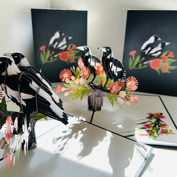 DOUBLE Australian Magpie - Iconic Birds in Aussie Backyards Origami Pop Cards 3D Pop Up Greeting Card Happy Birthday Thank You Handmade Gift Thinking of You Blank Card for Any Occasion Happy Mother's Day Happy Father's Australiana Birds
