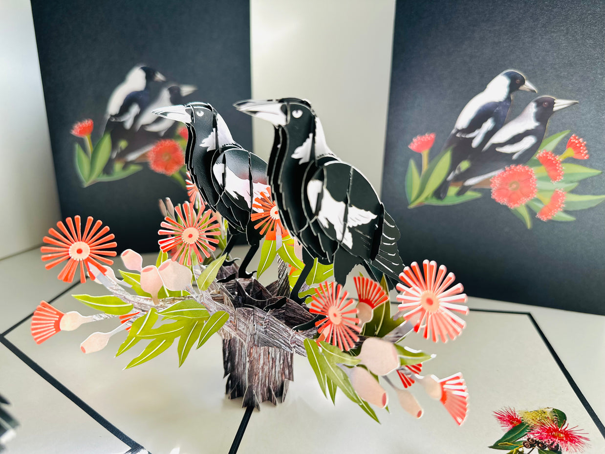 DOUBLE Australian Magpie - Iconic Birds in Aussie Backyards Origami Pop Cards 3D Pop Up Greeting Card Happy Birthday Thank You Handmade Gift Thinking of You Blank Card for Any Occasion Happy Mother's Day Happy Father's Australiana Birds
