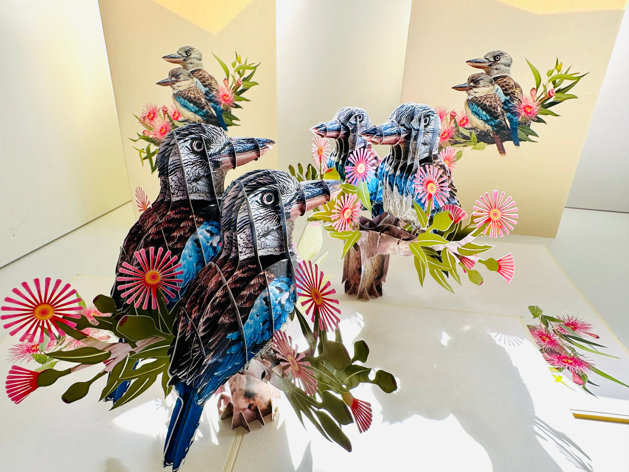 DOUBLE Kookaburra Australian Iconic Bird Origami Pop Cards 3D Pop Up Greeting Card Celebrate Happy Birthday Thank You Handmade Best Wishes Gift Thinking of You Blank Card for Any Occasion Happy Mother's Day Happy Father's Day Australiana Birds