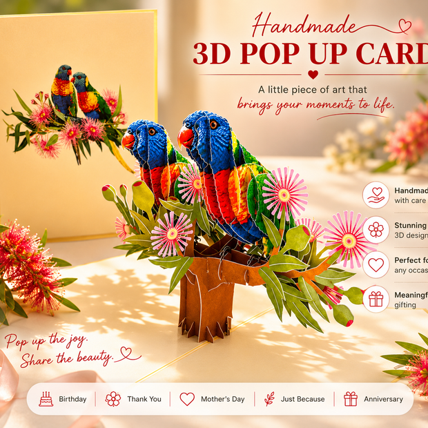 DOUBLE Rainbow Lorikeet Parrot Aussie Bird Card Origami Pop Cards 3D Pop Up Greeting Card Happy Birthday Thank You Handmade Gift Thinking of You Blank Card for Any Occasion Happy Mother's Day Happy Father's Australiana Birds
