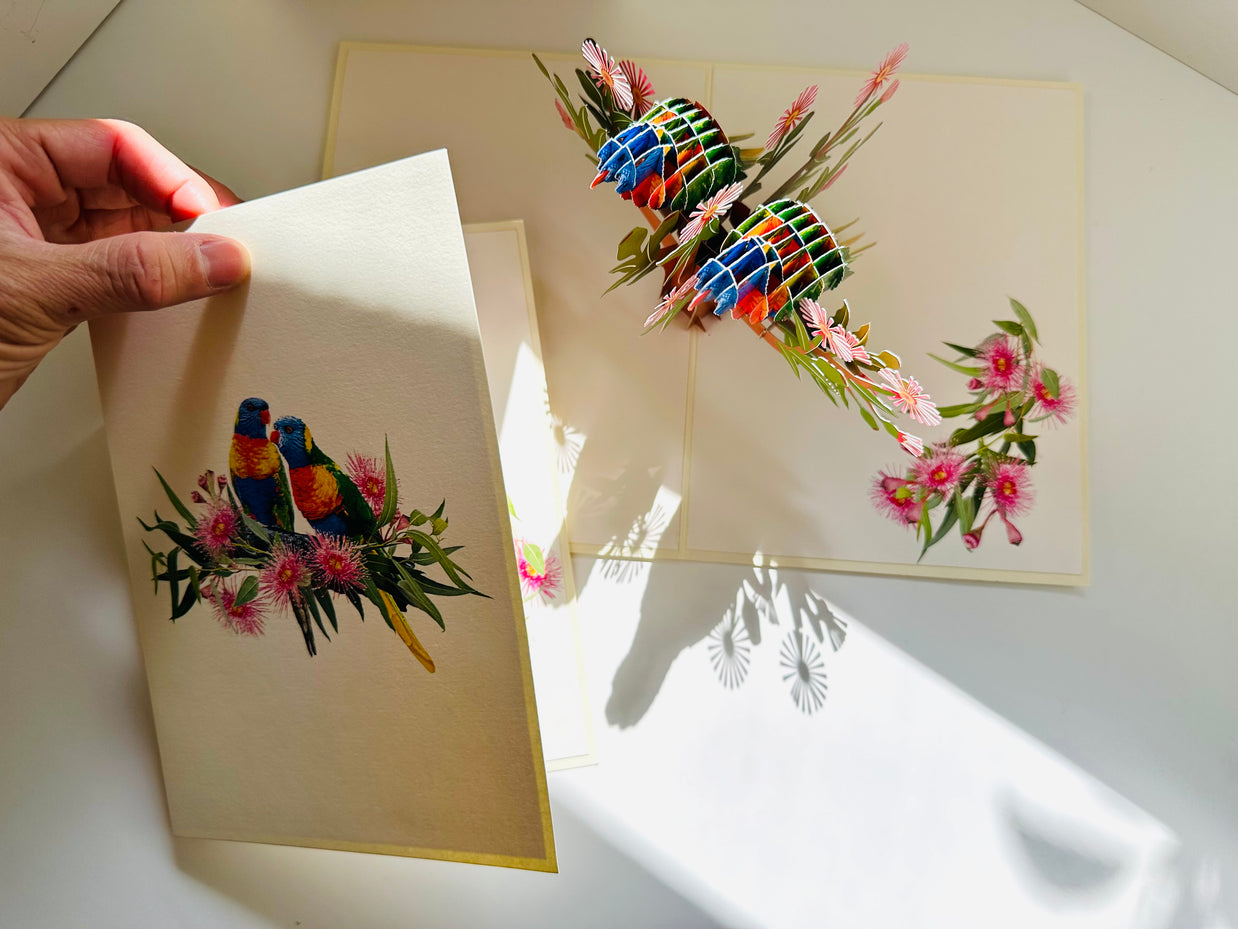 DOUBLE Rainbow Lorikeet Parrot Aussie Bird Card Origami Pop Cards 3D Pop Up Greeting Card Happy Birthday Thank You Handmade Gift Thinking of You Blank Card for Any Occasion Happy Mother's Day Happy Father's Australiana Birds