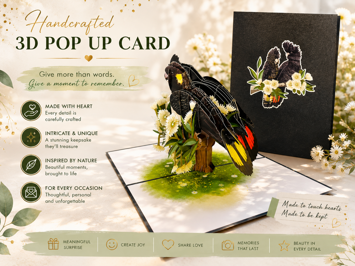 DOUBLE Red-Tailed & Yellow-Tailed Black Cockatoos - Aussie Bird Origami Pop Cards 3D Pop Up Greeting Card Happy Birthday Thank You Handmade Gift Thinking of You Blank Card for Any Occasion Happy Mother's Day Happy Father's Australiana Birds