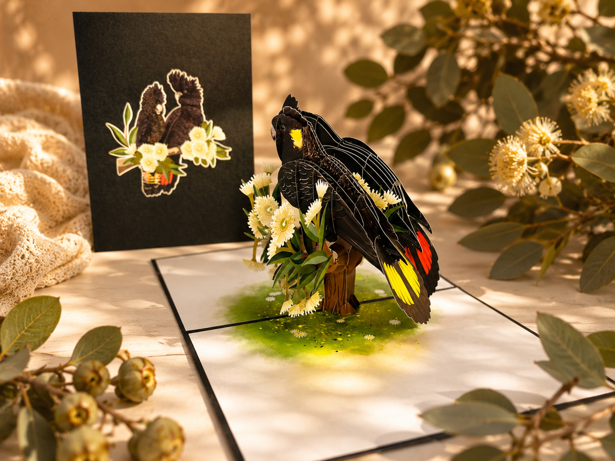 DOUBLE Red-Tailed & Yellow-Tailed Black Cockatoos - Aussie Bird Origami Pop Cards 3D Pop Up Greeting Card Happy Birthday Thank You Handmade Gift Thinking of You Blank Card for Any Occasion Happy Mother's Day Happy Father's Australiana Birds