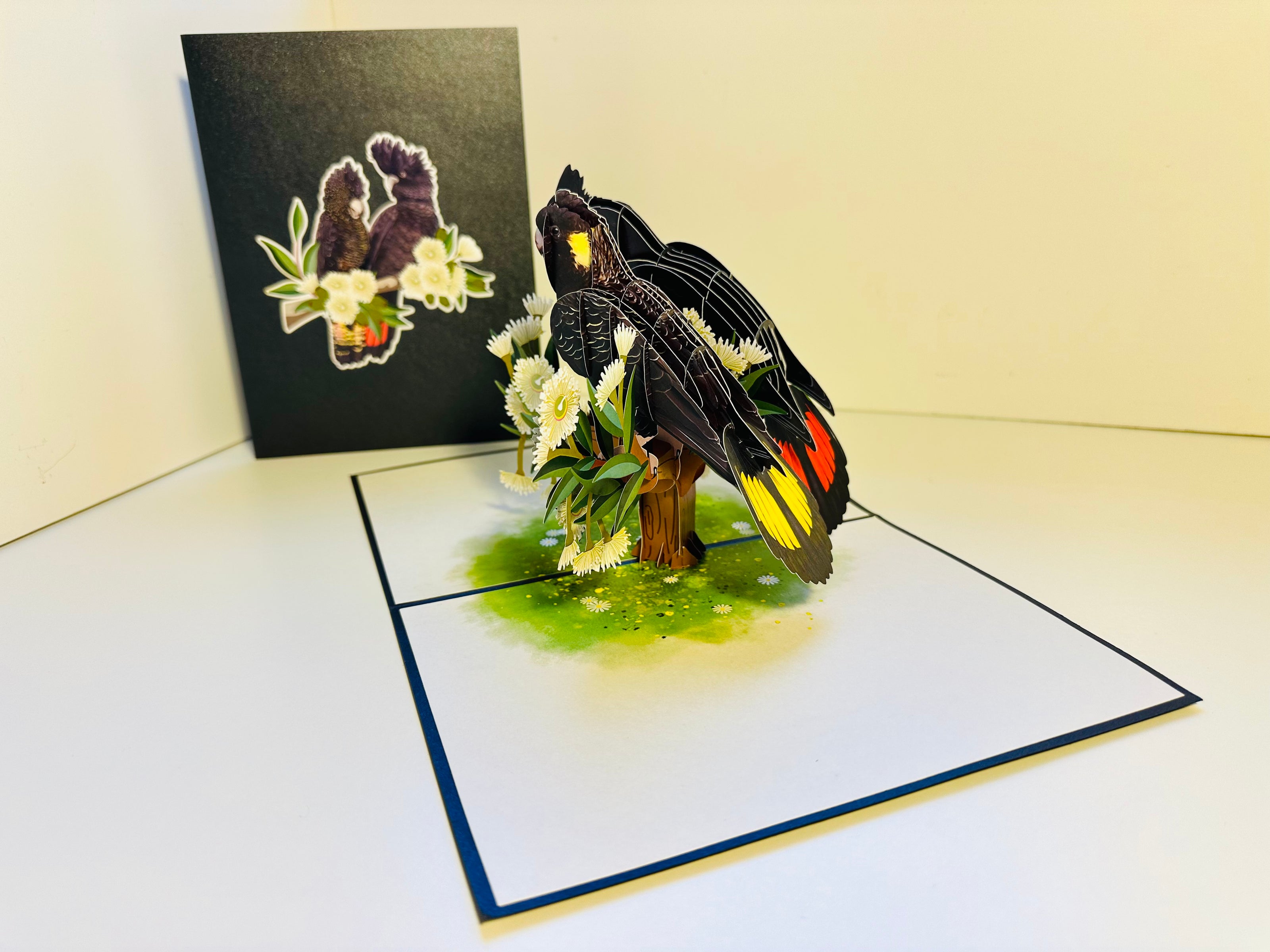 DOUBLE Red-Tailed & Yellow-Tailed Black Cockatoos - Aussie Bird Origami Pop Cards 3D Pop Up Greeting Card Happy Birthday Thank You Handmade Gift Thinking of You Blank Card for Any Occasion Happy Mother's Day Happy Father's Australiana Birds