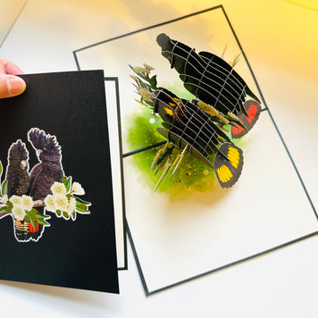 DOUBLE Red-Tailed & Yellow-Tailed Black Cockatoos - Aussie Bird Origami Pop Cards 3D Pop Up Greeting Card Happy Birthday Thank You Handmade Gift Thinking of You Blank Card for Any Occasion Happy Mother's Day Happy Father's Australiana Birds