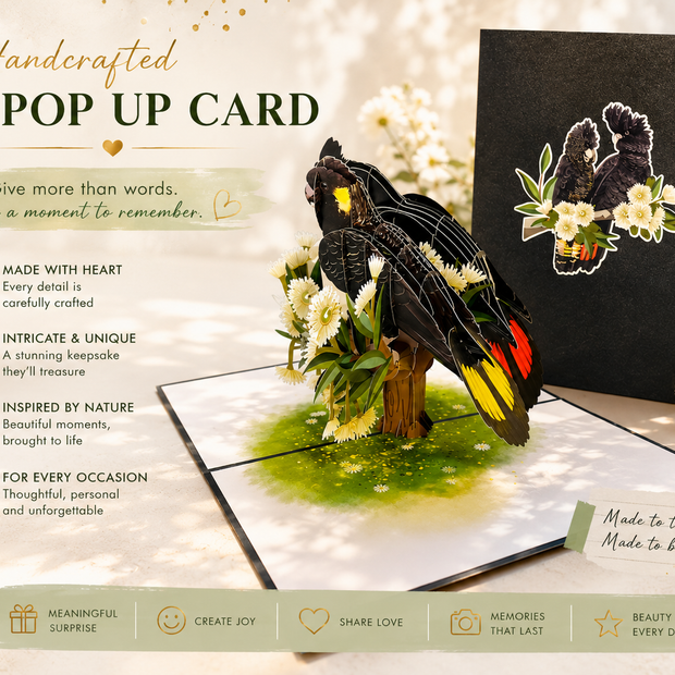 DOUBLE Red-Tailed & Yellow-Tailed Black Cockatoos - Aussie Bird Origami Pop Cards 3D Pop Up Greeting Card Happy Birthday Thank You Handmade Gift Thinking of You Blank Card for Any Occasion Happy Mother's Day Happy Father's Australiana Birds