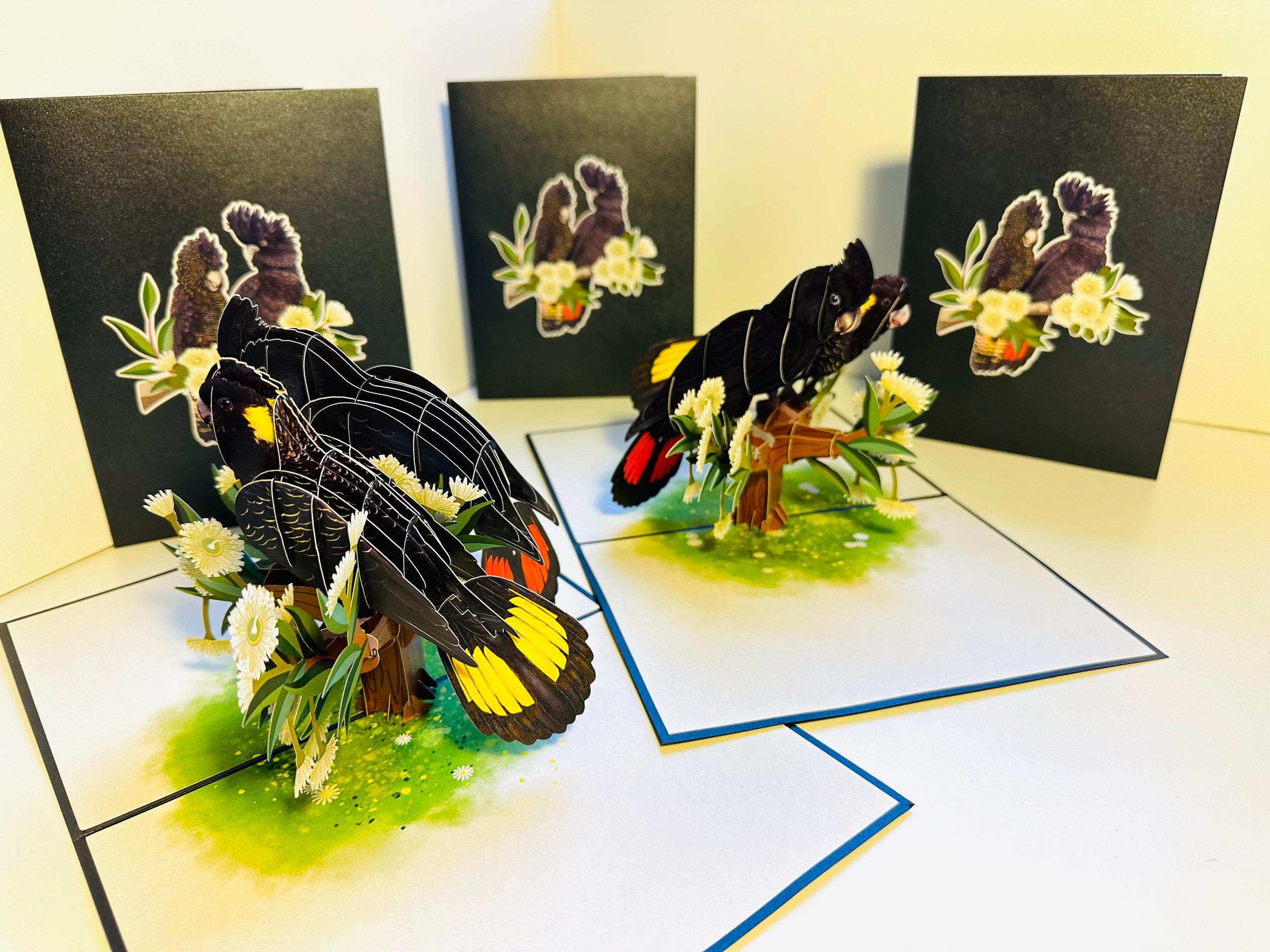 DOUBLE Red-Tailed & Yellow-Tailed Black Cockatoos - Aussie Bird Origami Pop Cards 3D Pop Up Greeting Card Happy Birthday Thank You Handmade Gift Thinking of You Blank Card for Any Occasion Happy Mother's Day Happy Father's Australiana Birds