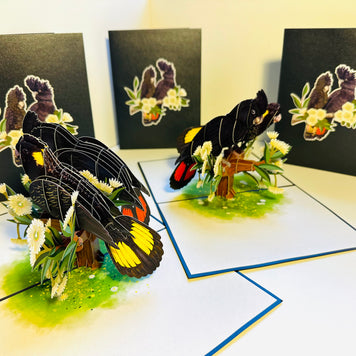 DOUBLE Red-Tailed & Yellow-Tailed Black Cockatoos - Aussie Bird Origami Pop Cards 3D Pop Up Greeting Card Happy Birthday Thank You Handmade Gift Thinking of You Blank Card for Any Occasion Happy Mother's Day Happy Father's Australiana Birds