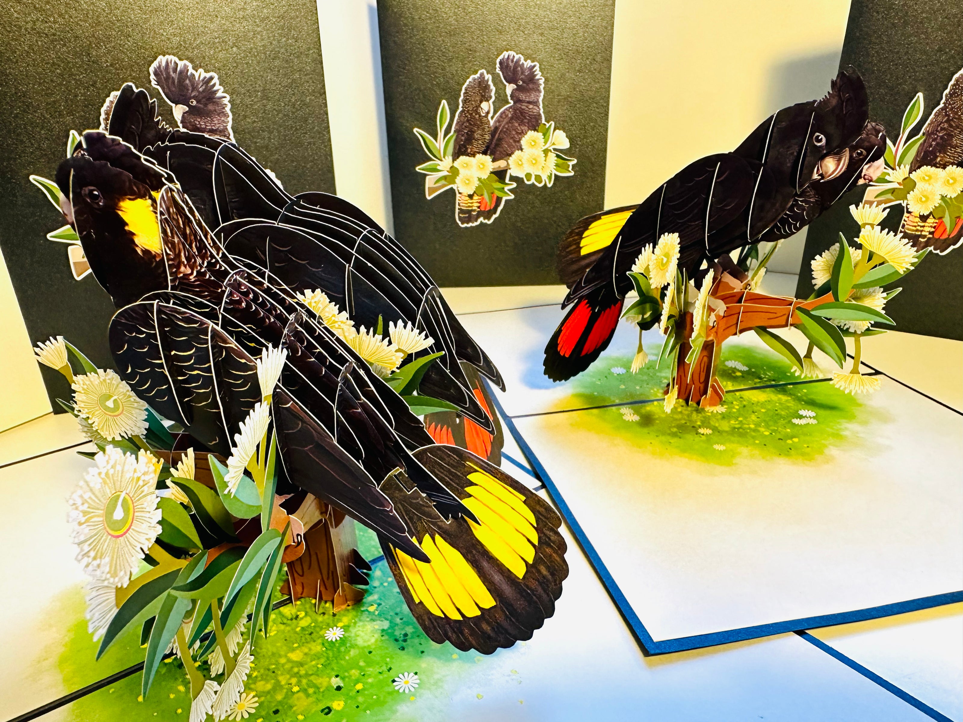 DOUBLE Red-Tailed & Yellow-Tailed Black Cockatoos - Aussie Bird Origami Pop Cards 3D Pop Up Greeting Card Happy Birthday Thank You Handmade Gift Thinking of You Blank Card for Any Occasion Happy Mother's Day Happy Father's Australiana Birds