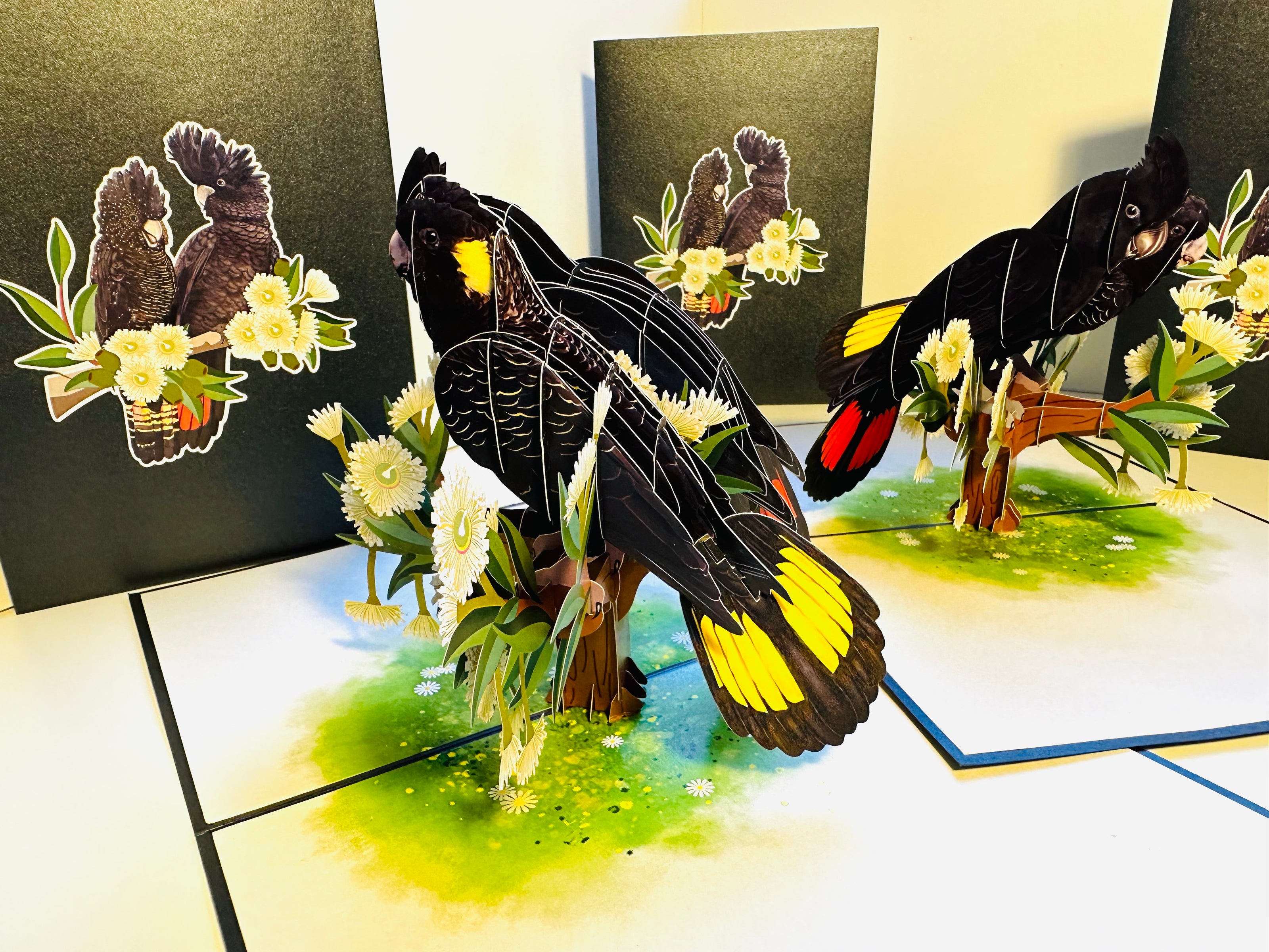 DOUBLE Red-Tailed & Yellow-Tailed Black Cockatoos - Aussie Bird Origami Pop Cards 3D Pop Up Greeting Card Happy Birthday Thank You Handmade Gift Thinking of You Blank Card for Any Occasion Happy Mother's Day Happy Father's Australiana Birds