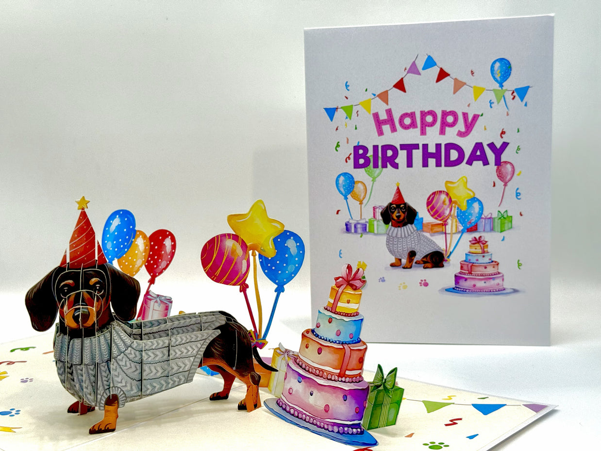 Dachshund Sausage Dog Happy Birthday Origami Pop Cards 3D Pop Up Greeting Card Thank You Handmade Gift Thinking of You Blank Card for Happy Birthday Occasion Australiana Celebrate the Beauty and Happiness During Special Day Best Wishes Gift