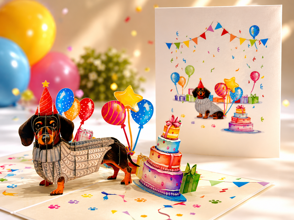 Dachshund Sausage Dog Happy Birthday Origami Pop Cards 3D Pop Up Greeting Card Thank You Handmade Gift Thinking of You Blank Card for Happy Birthday Occasion Australiana Celebrate the Beauty and Happiness During Special Day Best Wishes Gift