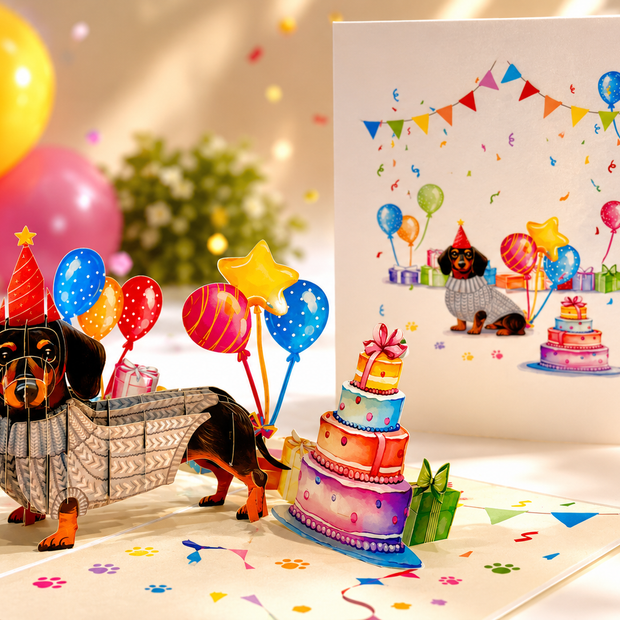 Dachshund Sausage Dog Happy Birthday Origami Pop Cards 3D Pop Up Greeting Card Thank You Handmade Gift Thinking of You Blank Card for Happy Birthday Occasion Australiana Celebrate the Beauty and Happiness During Special Day Best Wishes Gift