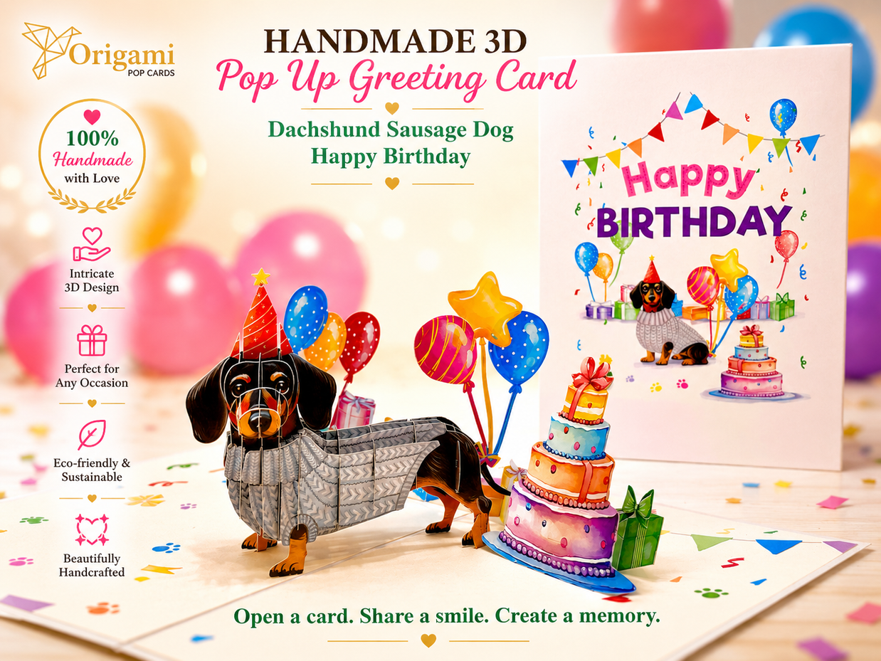 Dachshund Sausage Dog Happy Birthday Origami Pop Cards 3D Pop Up Greeting Card Thank You Handmade Gift Thinking of You Blank Card for Happy Birthday Occasion Australiana Celebrate the Beauty and Happiness During Special Day Best Wishes Gift