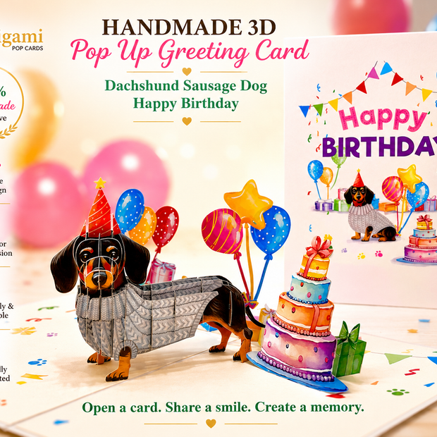 Dachshund Sausage Dog Happy Birthday Origami Pop Cards 3D Pop Up Greeting Card Thank You Handmade Gift Thinking of You Blank Card for Happy Birthday Occasion Australiana Celebrate the Beauty and Happiness During Special Day Best Wishes Gift