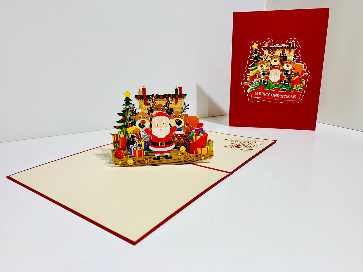 Darling Christmas Reindeer Party with Santa Origami Pop Cards 3D Pop Up Greeting Card Merry Christmas Thank You Handmade Best Wishes Blank Card Gift Happy Holidays Celebrate the Special Day Moment with Family and Friends