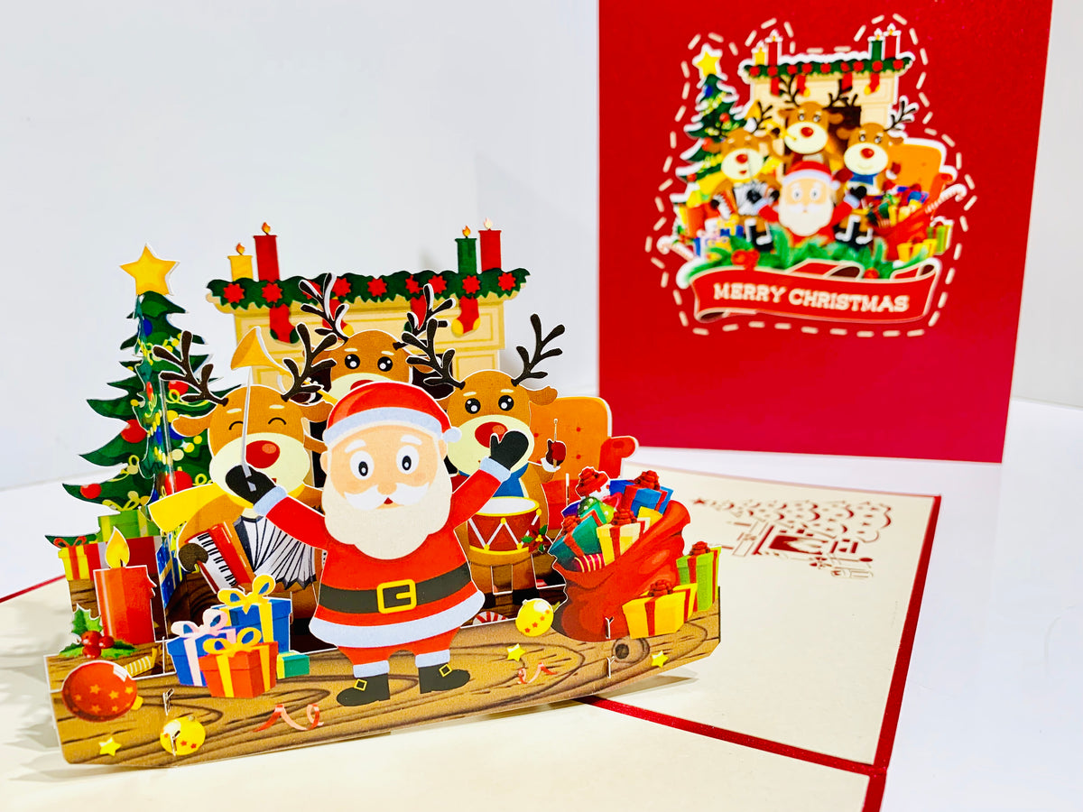Darling Christmas Reindeer Party with Santa Origami Pop Cards 3D Pop Up Greeting Card Merry Christmas Thank You Handmade Best Wishes Blank Card Gift Happy Holidays Celebrate the Special Day Moment with Family and Friends