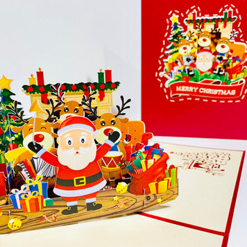 Darling Christmas Reindeer Party with Santa Origami Pop Cards 3D Pop Up Greeting Card Merry Christmas Thank You Handmade Best Wishes Blank Card Gift Happy Holidays Celebrate the Special Day Moment with Family and Friends