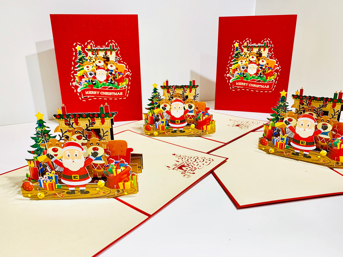 Darling Christmas Reindeer Party with Santa Origami Pop Cards 3D Pop Up Greeting Card Merry Christmas Thank You Handmade Best Wishes Blank Card Gift Happy Holidays Celebrate the Special Day Moment with Family and Friends