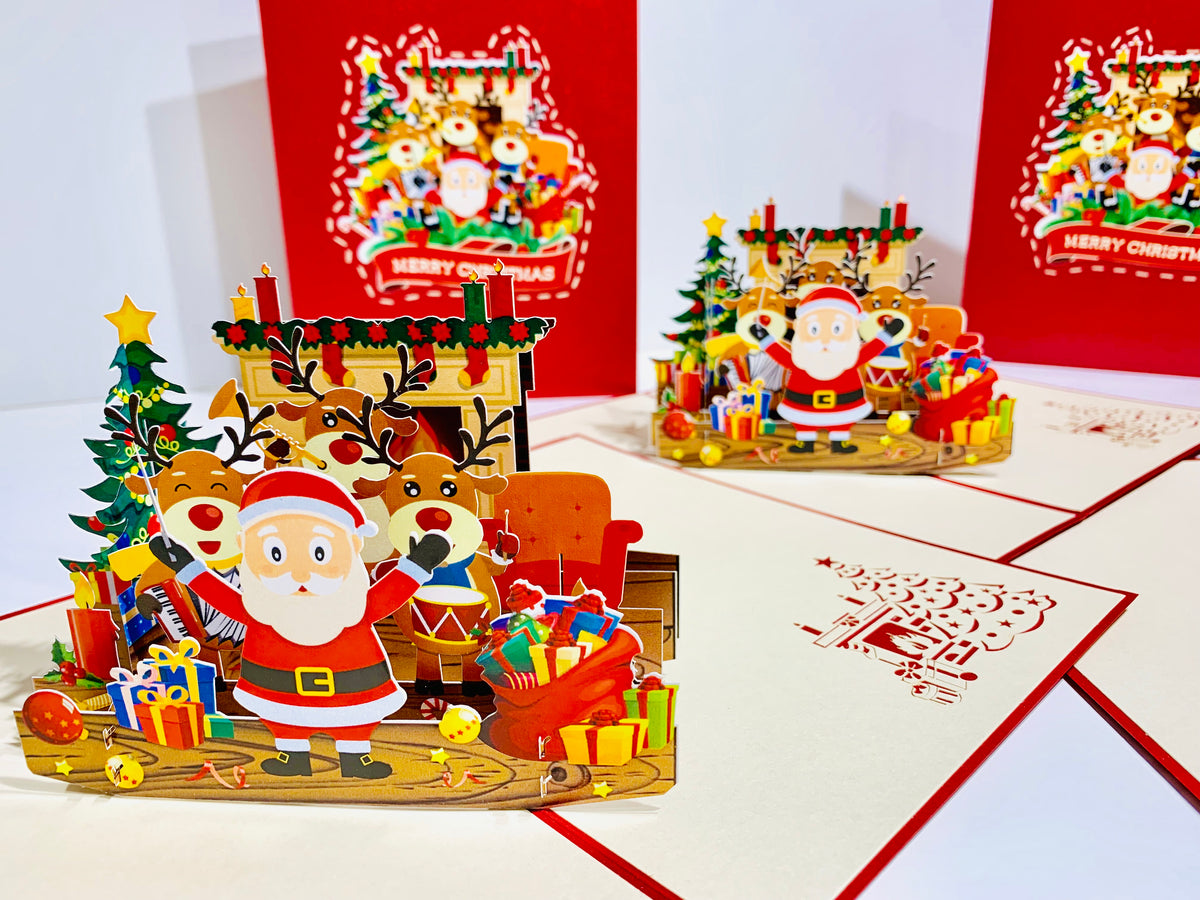 Darling Christmas Reindeer Party with Santa Origami Pop Cards 3D Pop Up Greeting Card Merry Christmas Thank You Handmade Best Wishes Blank Card Gift Happy Holidays Celebrate the Special Day Moment with Family and Friends